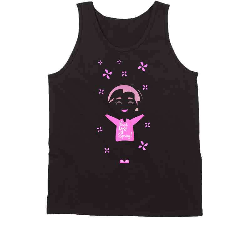 First Day Of Spring Lettering Happy Girl In Pink Clothes With Flowers Isolated On T Shirt