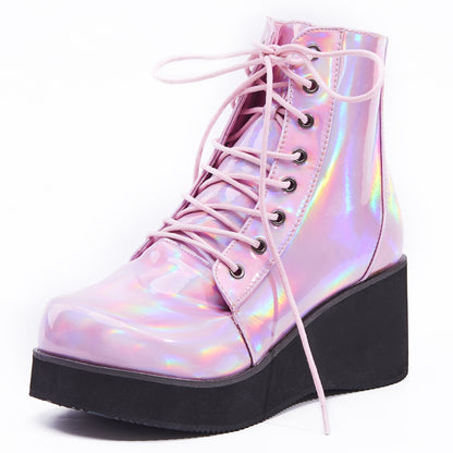 JIALUOWEI New Style Unisex&#39;s Shoes Punk Wedge Heel 7cm Pink Holographic Leather Halloween Costumes Gothic Ankle boots