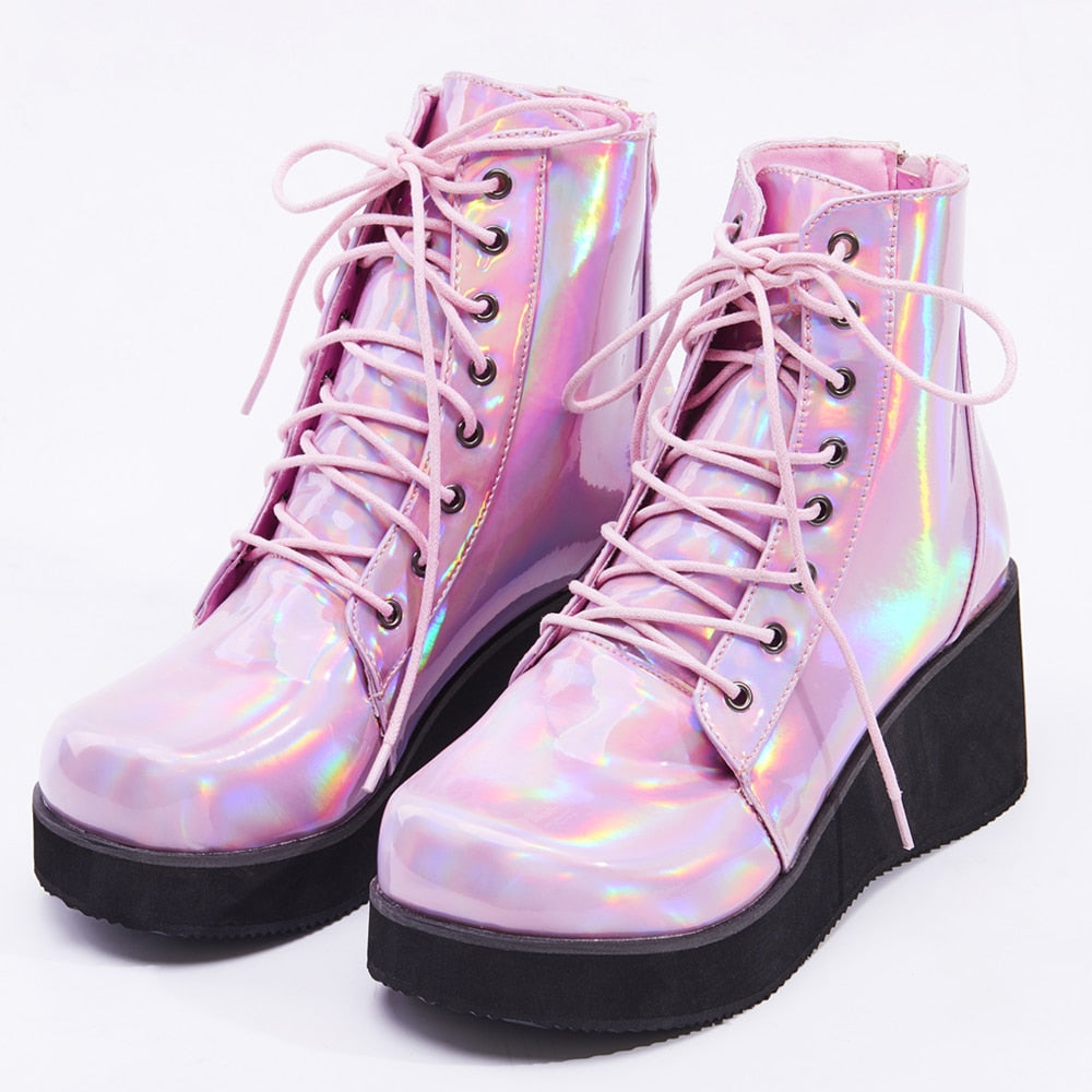 JIALUOWEI New Style Unisex&#39;s Shoes Punk Wedge Heel 7cm Pink Holographic Leather Halloween Costumes Gothic Ankle boots