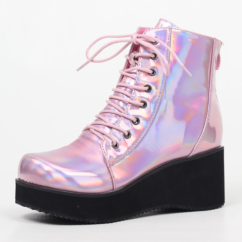 JIALUOWEI New Style Unisex&#39;s Shoes Punk Wedge Heel 7cm Pink Holographic Leather Halloween Costumes Gothic Ankle boots