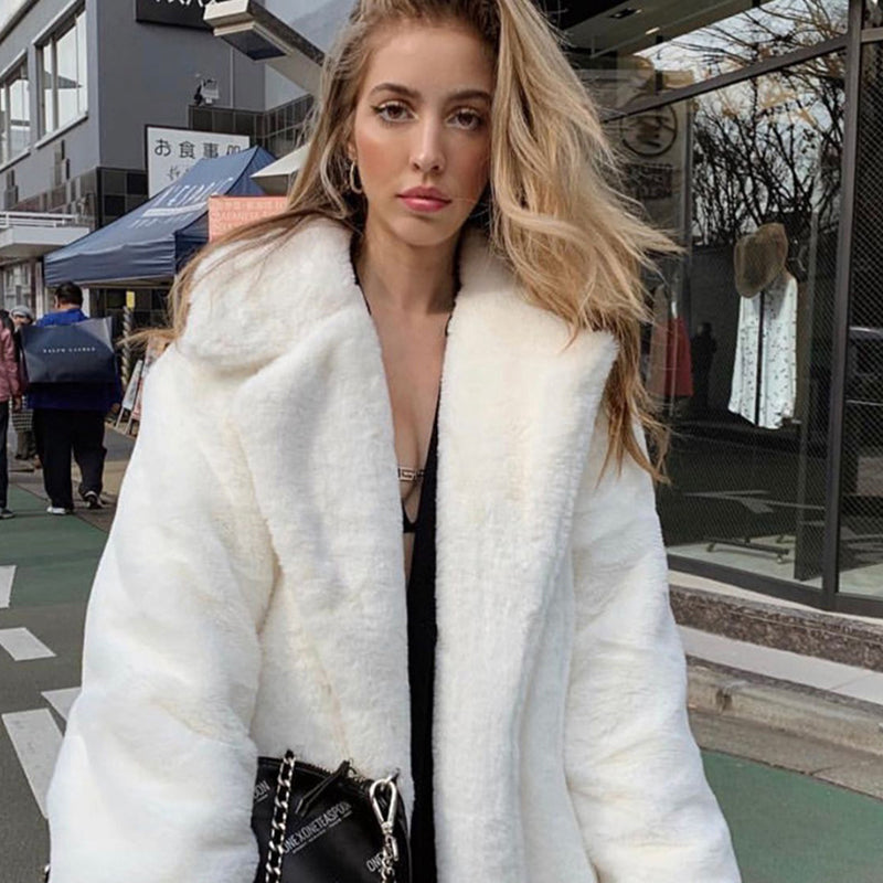 New Female Winter Plush Thick Warm Loose Women Faux Coat Loose Lapel Fur Coat