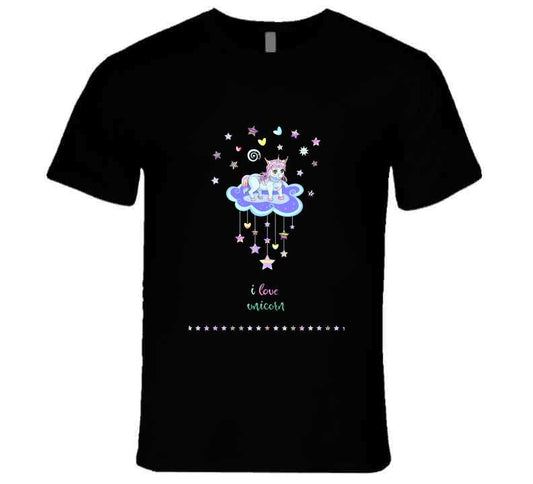 Vector Illustration Of Beautiful Cartoon Unicorn On The Cloud With Lettering And T Shirt