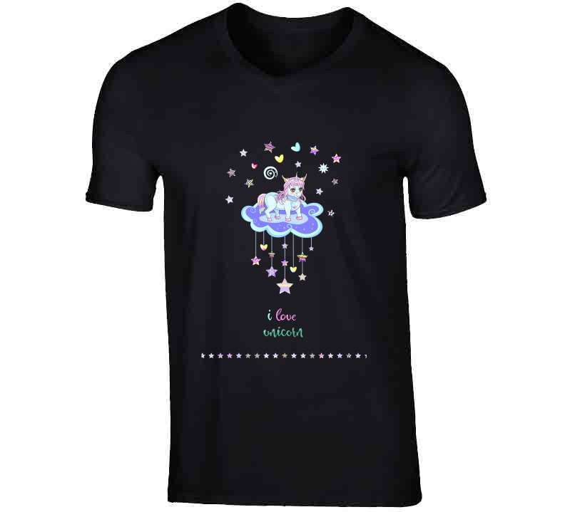 Vector Illustration Of Beautiful Cartoon Unicorn On The Cloud With Lettering And T Shirt
